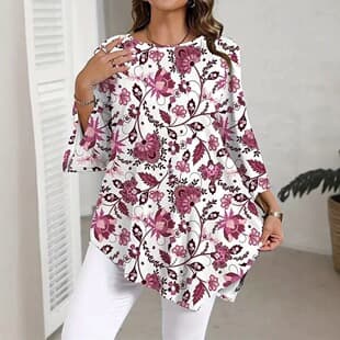 Cross-border Amazon Bohemian Floral Graphic Print Women's Round Neck Long Sleeve Asymmetrical Hem Top