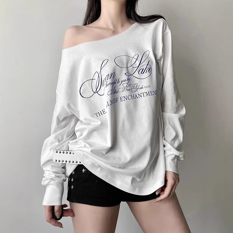 New Summer Women's American Street Style Letter Print Off-Shoulder Long Sleeve Loose T-Shirt Top