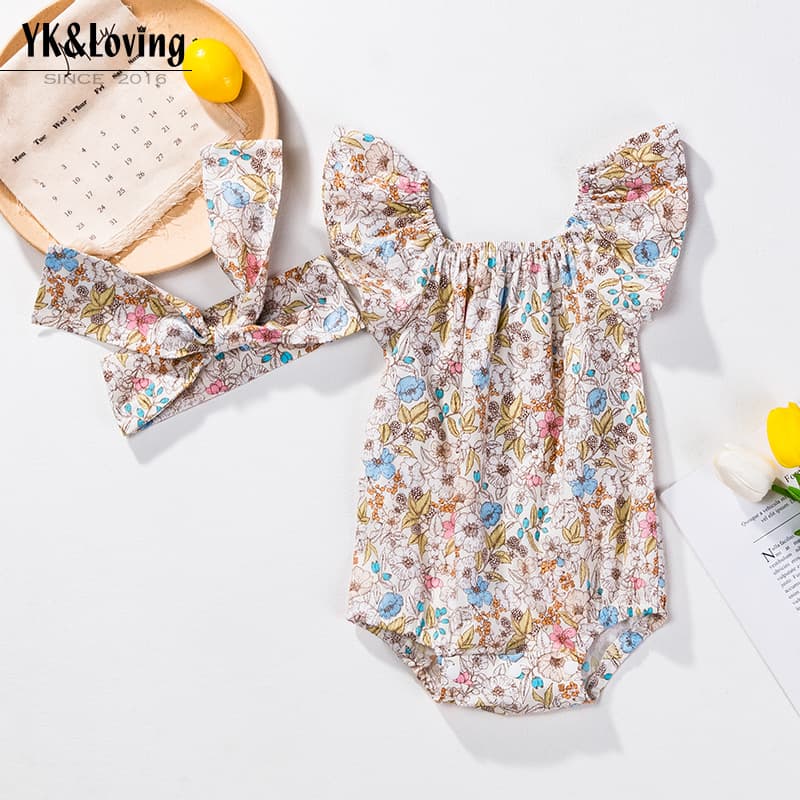 Baby Girl Summer Flying Sleeve Romper Thin Newborn Crawling Suit Pure Cotton Floral Harsuit with Hair Accessory Set