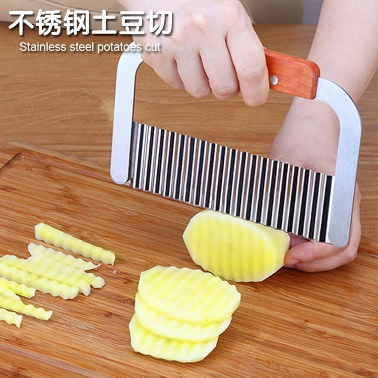 Stainless Steel Wave Fry Cutter Creative Multi-Purpose Noodle Cutter Kitchen Tool Wooden Handle Potato Slicer