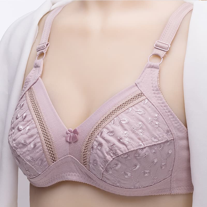 Breathable Embroidered Cotton Bra Wireless Small Cup Comfortable Underwear for Elderly Women Soft Polyester Fabric Side Control