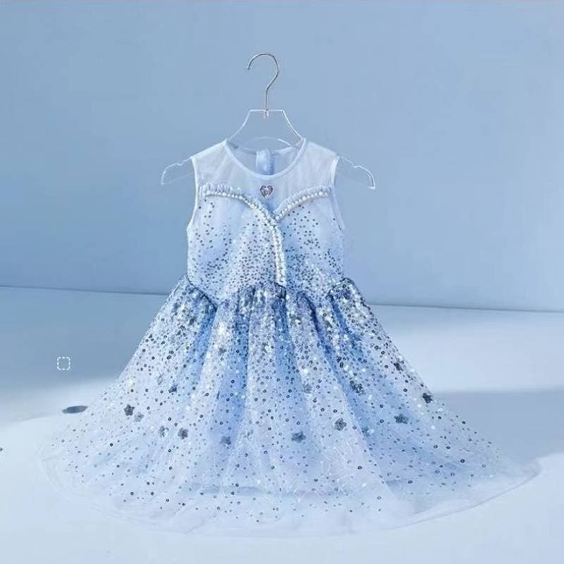 New Summer Frozen Popular Dress 2024 Style Blue Sleeveless Girls Round Neck Princess Dress