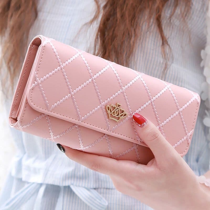 Trendy Large Capacity Long Women's Wallet Fashionable Thin Mobile Phone Bag Diamond Grid Metal Crown Wallet Urban Simple Style