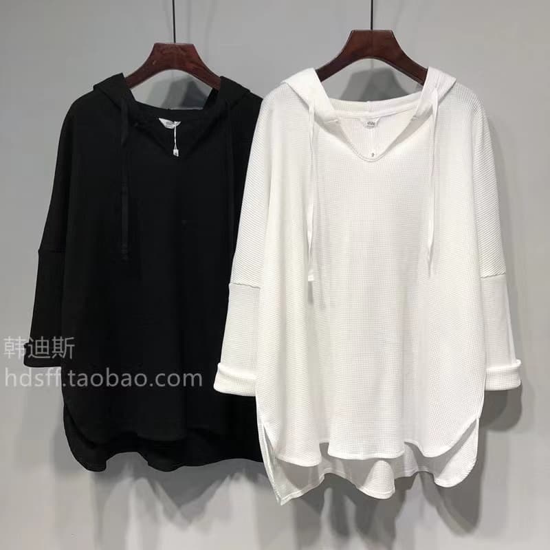 Spring/Autumn Plus Size 300 Jin Loose Thin Waffle Mid-Length Hooded Long Sleeve T-Shirt for Women