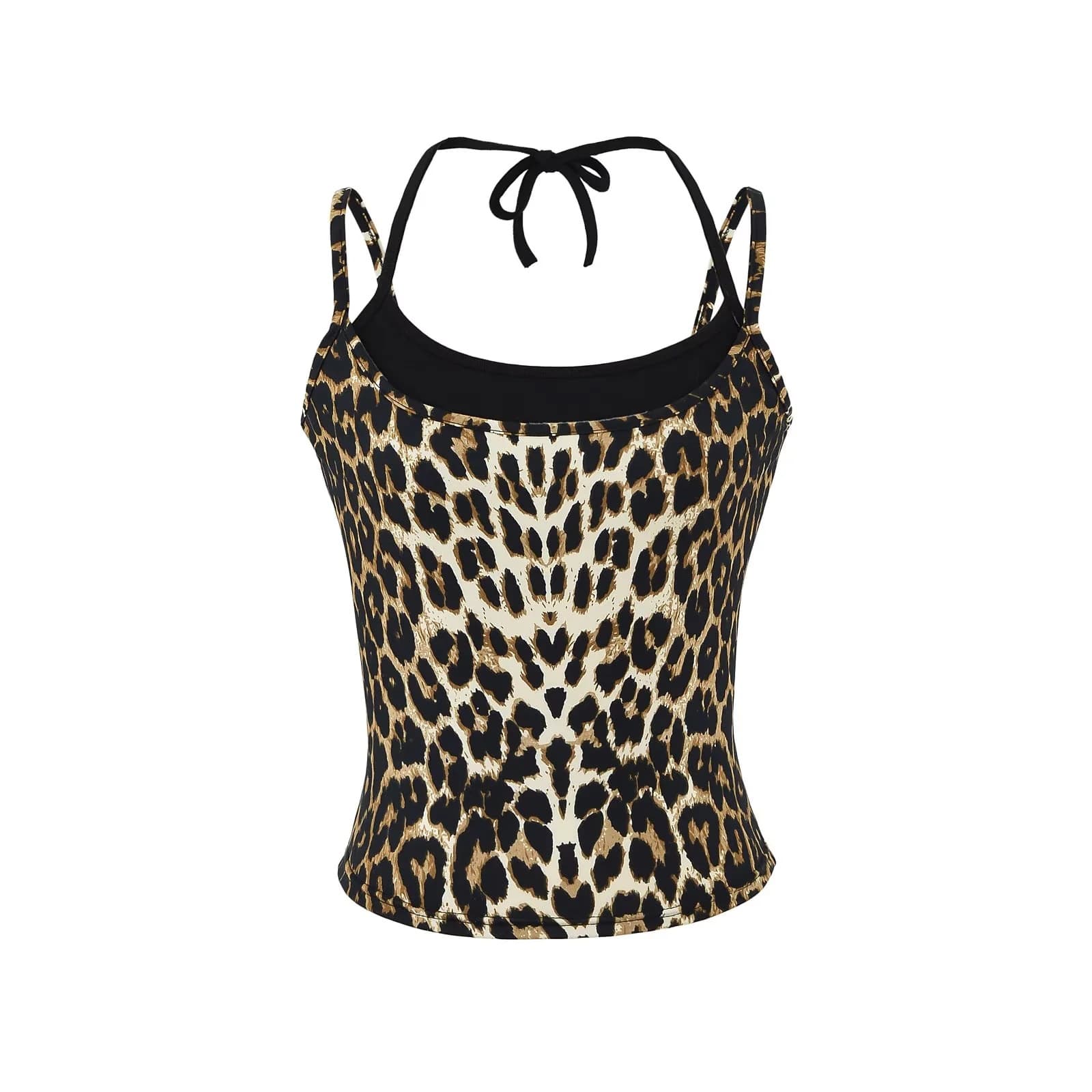 American Sexy Leopard Print Halterneck Camisole Women's Summer Outerwear with Padded Cups Short Fake Two-Piece Top
