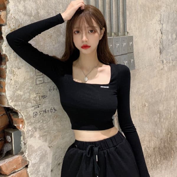 Autumn/Winter Black Sexy Embroidered Fitted Square Neck Long Sleeve Crop Top T-Shirt for Women