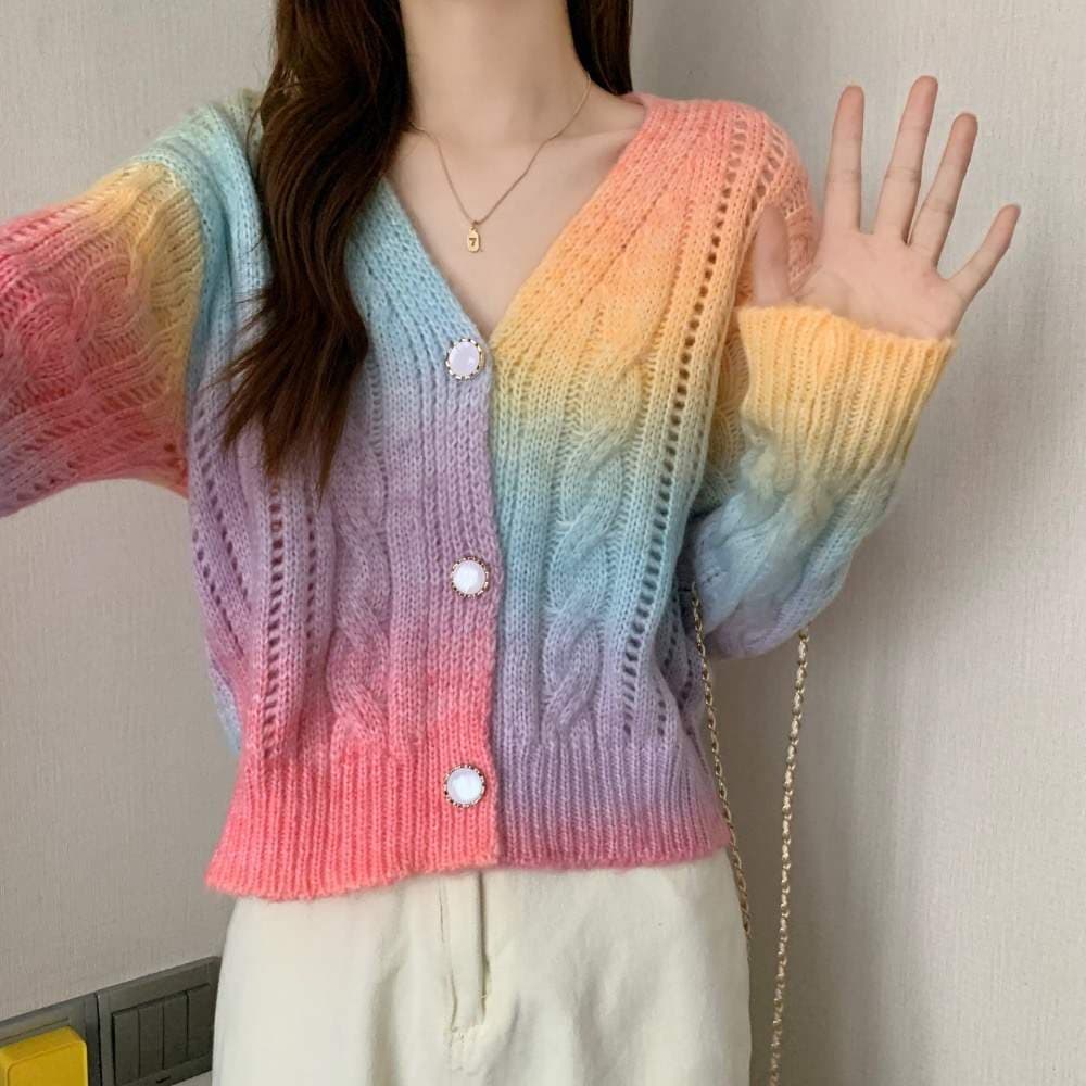 2025 new cross-border women's long-sleeved V-neck sweater rainbow tie-dye gradient color twist hollow slim-fitting sweater