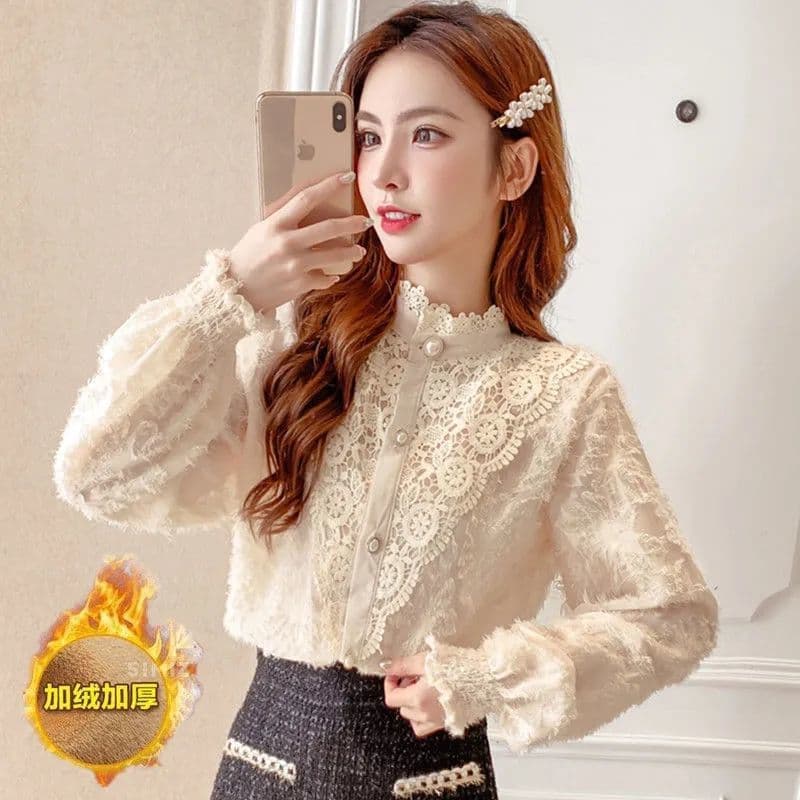 Autumn/Winter 2025 Women's Fleece-Lined Thick Lace New Style Versatile Base Layer Top Stylish Women's Base Layer Shirt