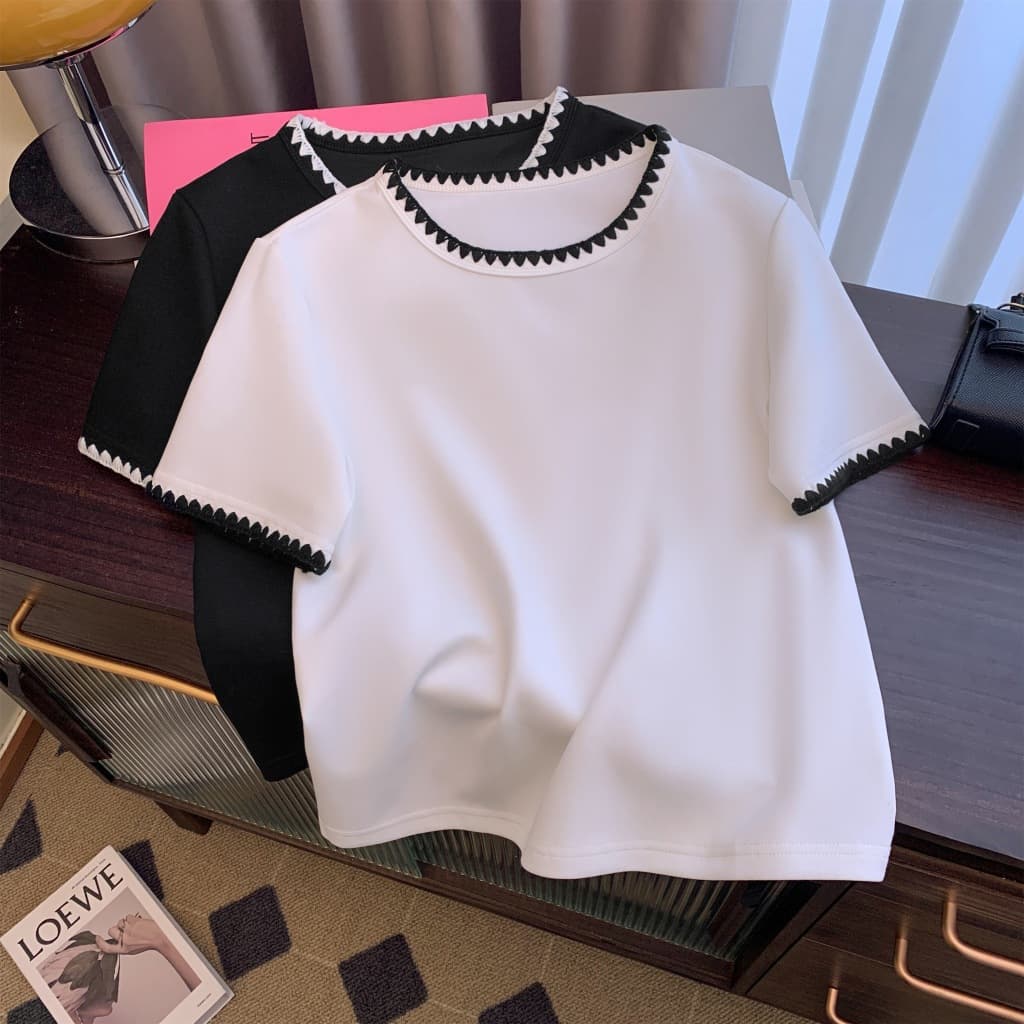 Cotton Short Sleeve T-Shirt Women's Crescent Neck Short Sleeve 2025 Summer New French Style Commute Slim Round Neck Contrast Color T-Shirt
