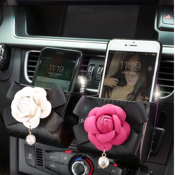 Car Air Vent Storage Bag with Pearl Camellia and Diamond Embellishments, Creative Car Air Conditioning Vent Organizer with Miscellaneous Storage Bag