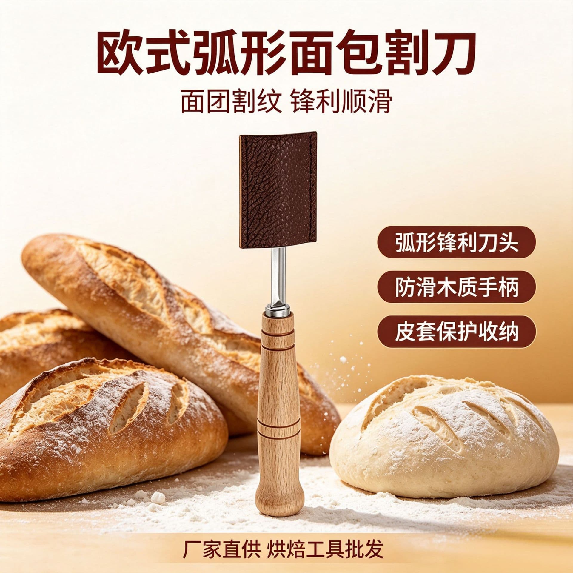 Baking Tools Stainless Steel Bread Trimmer Knife Wooden Handle Baguette Cutting Knife Curved Bread Cutting Knife