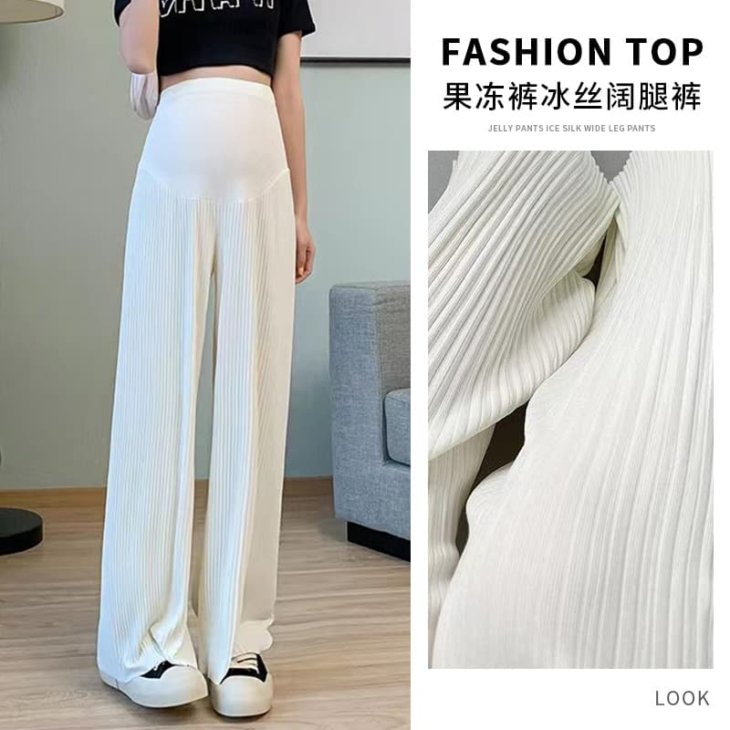 Slim Straight Maternity Pants Summer Casual Wide Leg Trousers with Drape for Petite Women Ice Silk Fabric