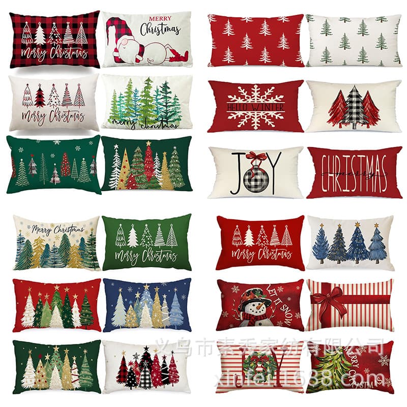 Cross-border popular Christmas tree and snowman Christmas print cushion cover, living room sofa pattern cushion cover, lumbar pillow cover