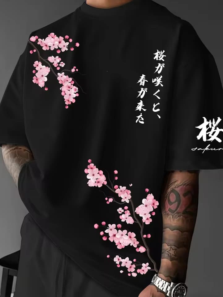 Cross-border European Size New Japanese Sakura Print T-Shirt Men Loose Fit Polyester Sakura Street Casual Top