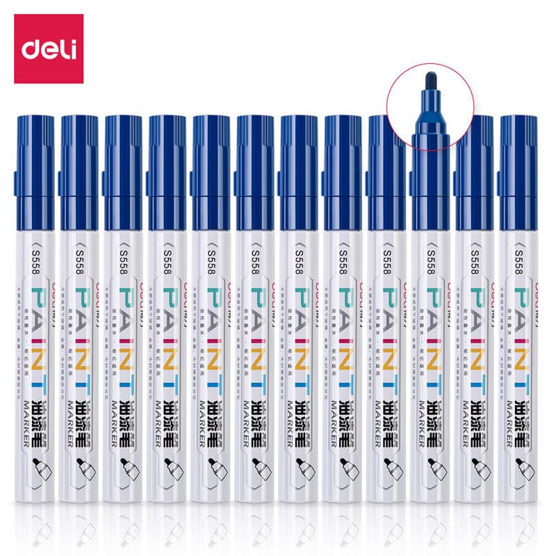 Deli Paint Pen S558 Quick-Dry Marker Oil-Based Tire Pen Touch-Up Pen Blue (12 pcs/box)