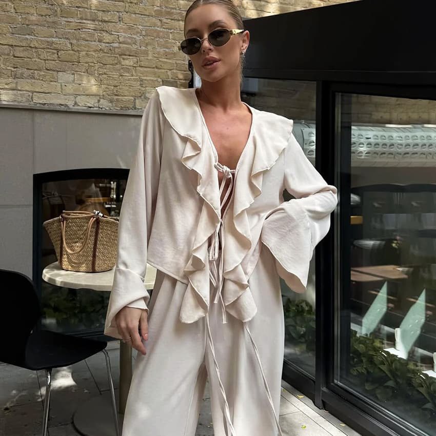 2026 cross-border pajamas for women autumn style ruffled long-sleeved trousers suit European and American skin-friendly satin home clothes can be worn outside