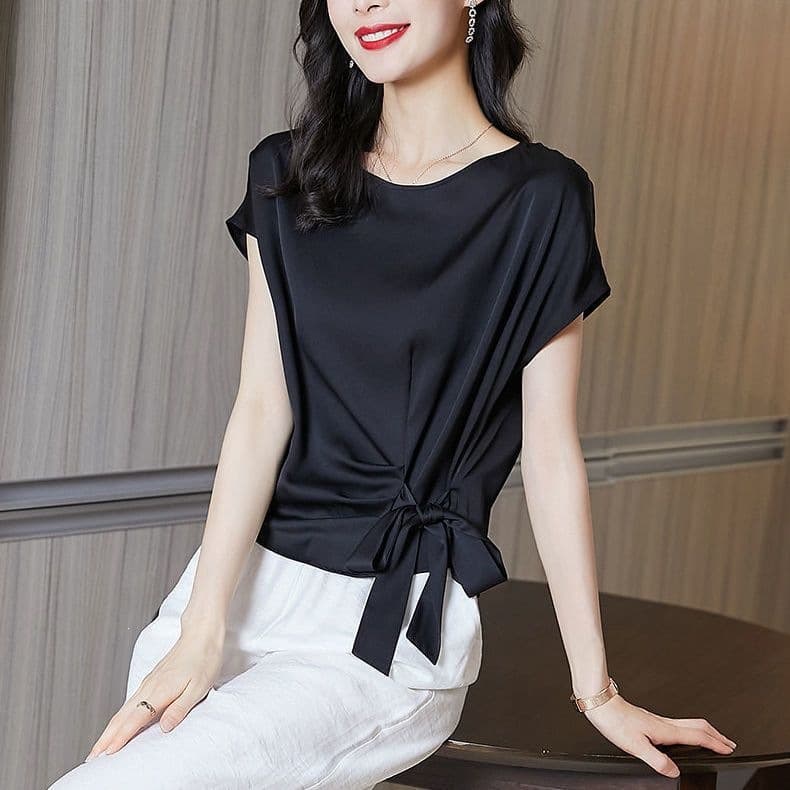 Women's Silk Short-Sleeve T-Shirt, Black, Summer 2025 New Style with Ties, Loose Fit, Cropped, Slimming, Plus Size