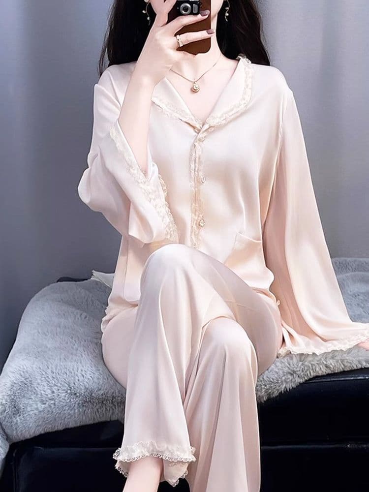 Luxurious 2025 New Water-Gloss Silk French Pajamas for Women Spring Autumn Homewear Set Ice Silk Summer Hot Sale