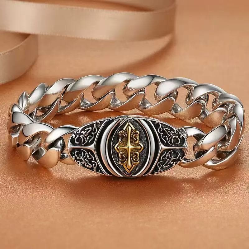 European and American motorcycle style personalized cross tank glossy bracelet trendy men's Cuban chain street style bold Thai silver bracelet