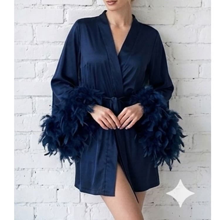 Navy Blue Feather Cuff Short Robe Premium Women's Casual Loungewear Party Dress Bride Morning Robe Bridesmaid Robe