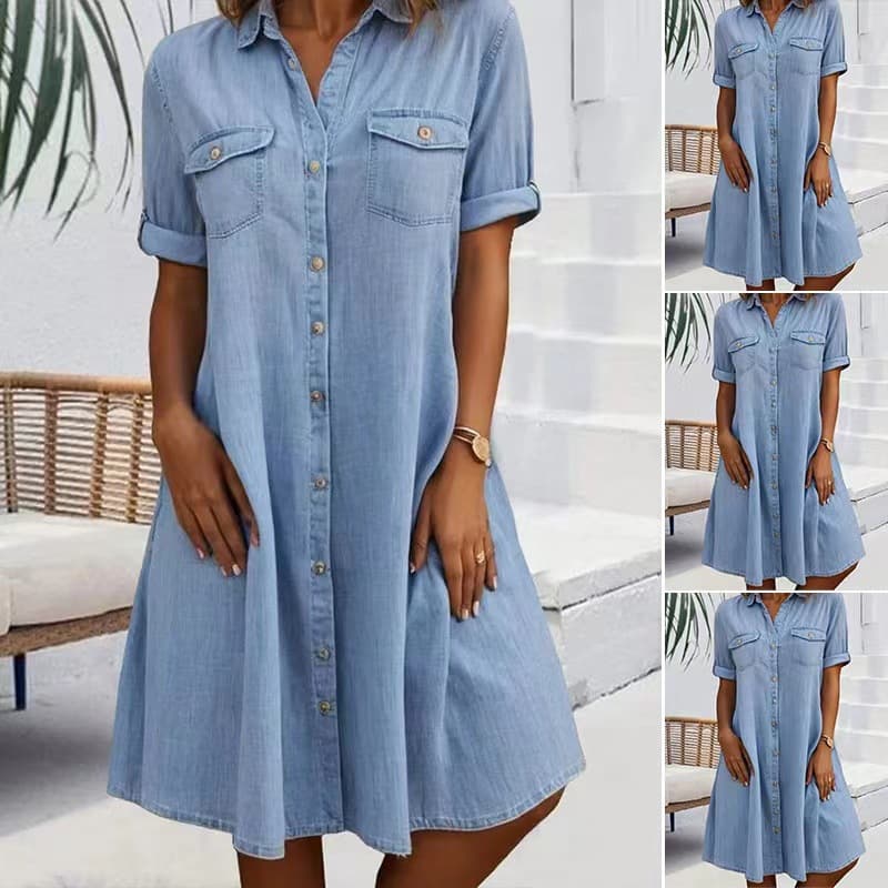 2025 Amazon EU & US Fast Fashion Plus Size Women's Denim Dress Foreign Trade Solid Plus Size Dress