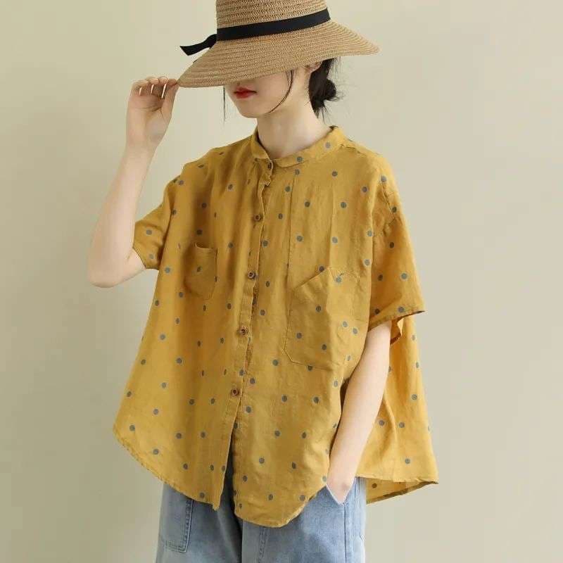 Plus Size Women's Loose Artistic Short Sleeve Shirt, 2026 Summer New Polka Dot Print Casual Age-Reducing Top