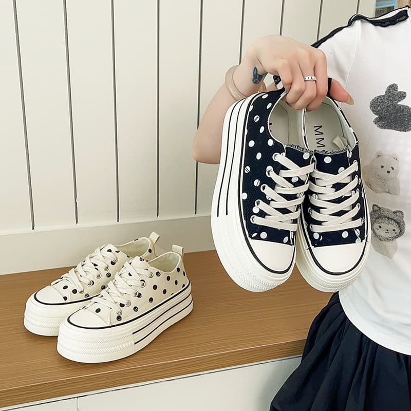 Black and White Dot Summer Thin Canvas Shoes for Women 2026 New Thick Sole Heightening Fashion Lace-up Anti-slip Canvas Women's Shoes