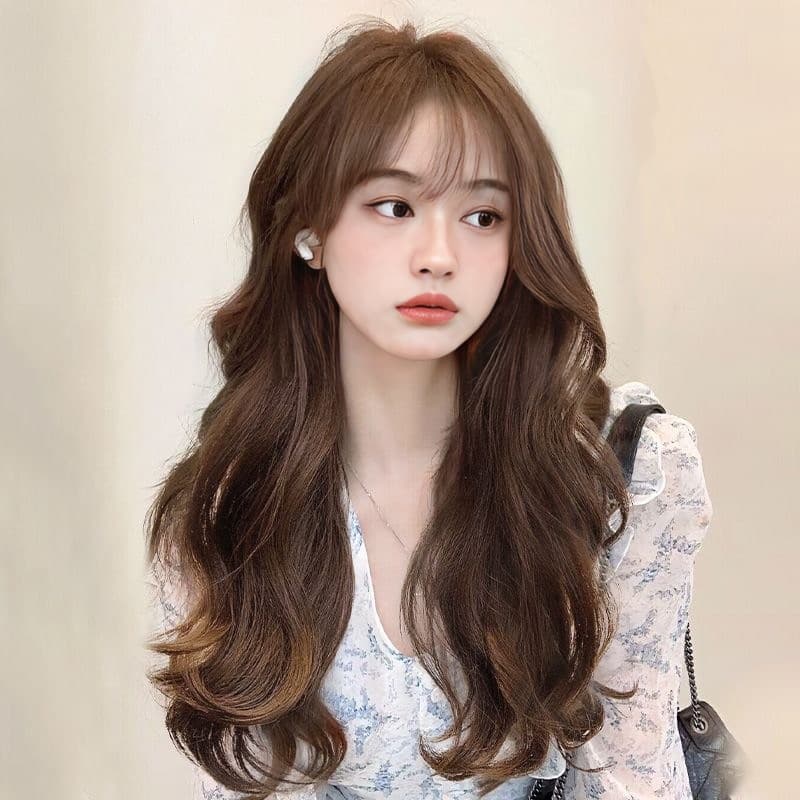 Live with goods wig women's long curly hair air bangs fashion big wave fluffy simulation human hair full head cover wholesale