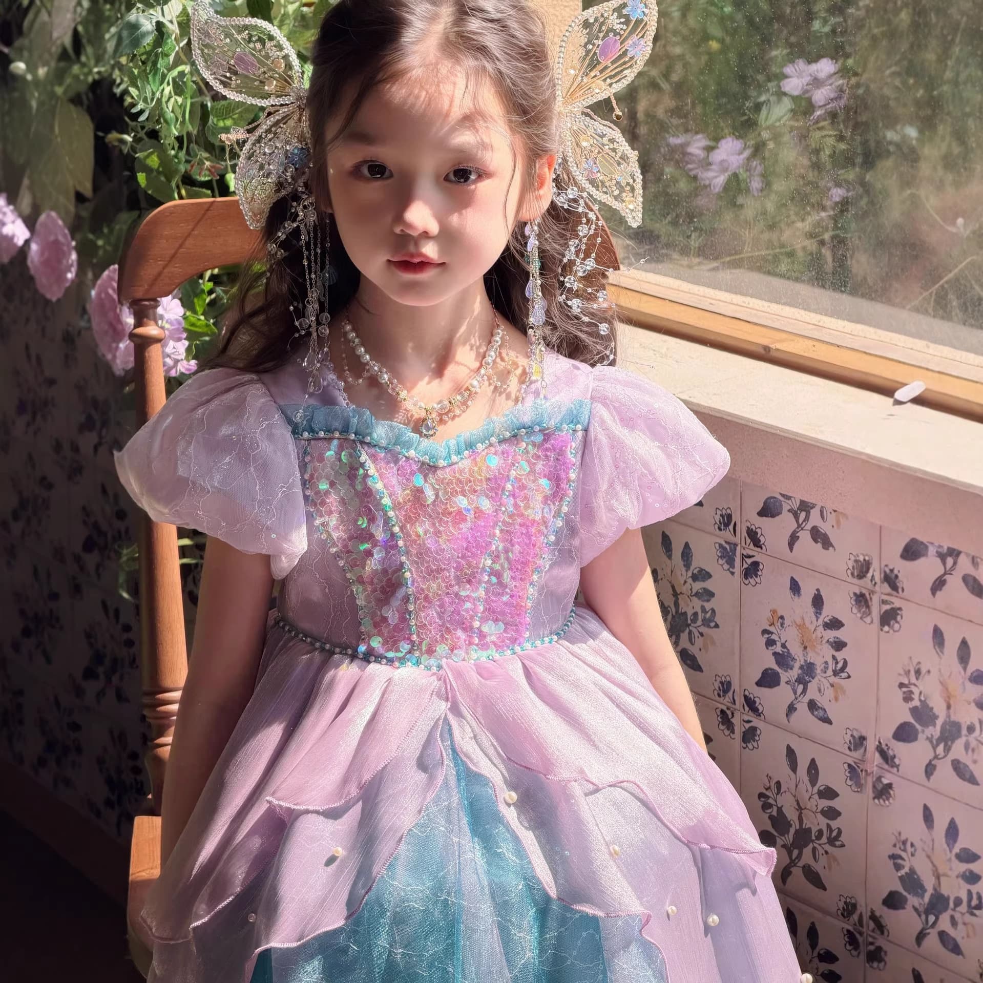 Girl's Dress with Pearl Sequins Mermaid Princess Dress for Birthday, Christmas, Children's Day Performance