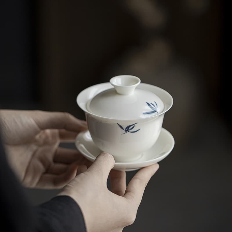 Qingqi Hand-Painted Orchid Three-Talent Lidded Bowl Tea Cup, Single Brewing Tea Bowl, Household Teapot, Fairness Cup, Jian Shui Tea Strainer, Tea Pet