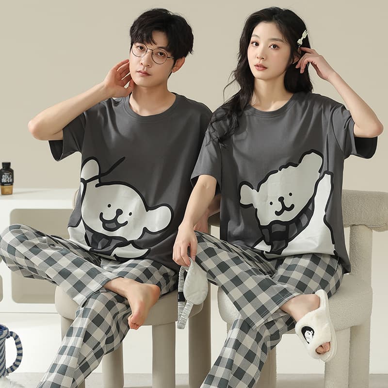 【100% Cotton】Couples Pajamas Women Summer Round Neck Pants Set Thin Men's Homewear Cartoon