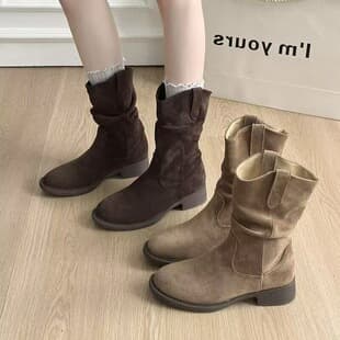 Simple Vintage Velvet Western Cowboy Boots for Women 2026 Autumn Chunky Heel Stacked Folded Boots Mid Heel Knight Boots Short Boots