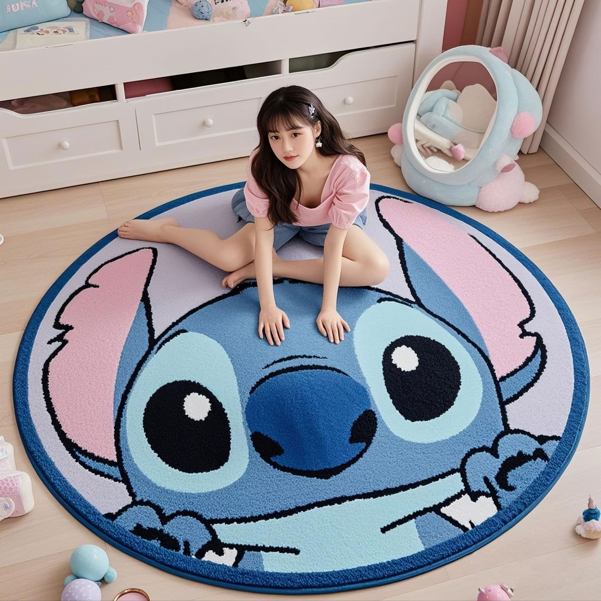 Cartoon Stitch Round Faux Cashmere Rug Living Room Wear-Resistant Decorative Sofa Mat Kids Room Insulation Floor Pad In Stock