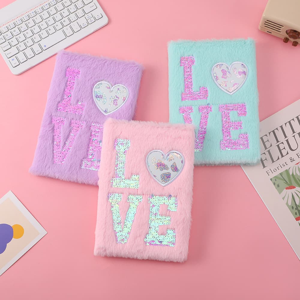 New simple sequined plush notebook, children's colorful notebook, cartoon plush student notepad