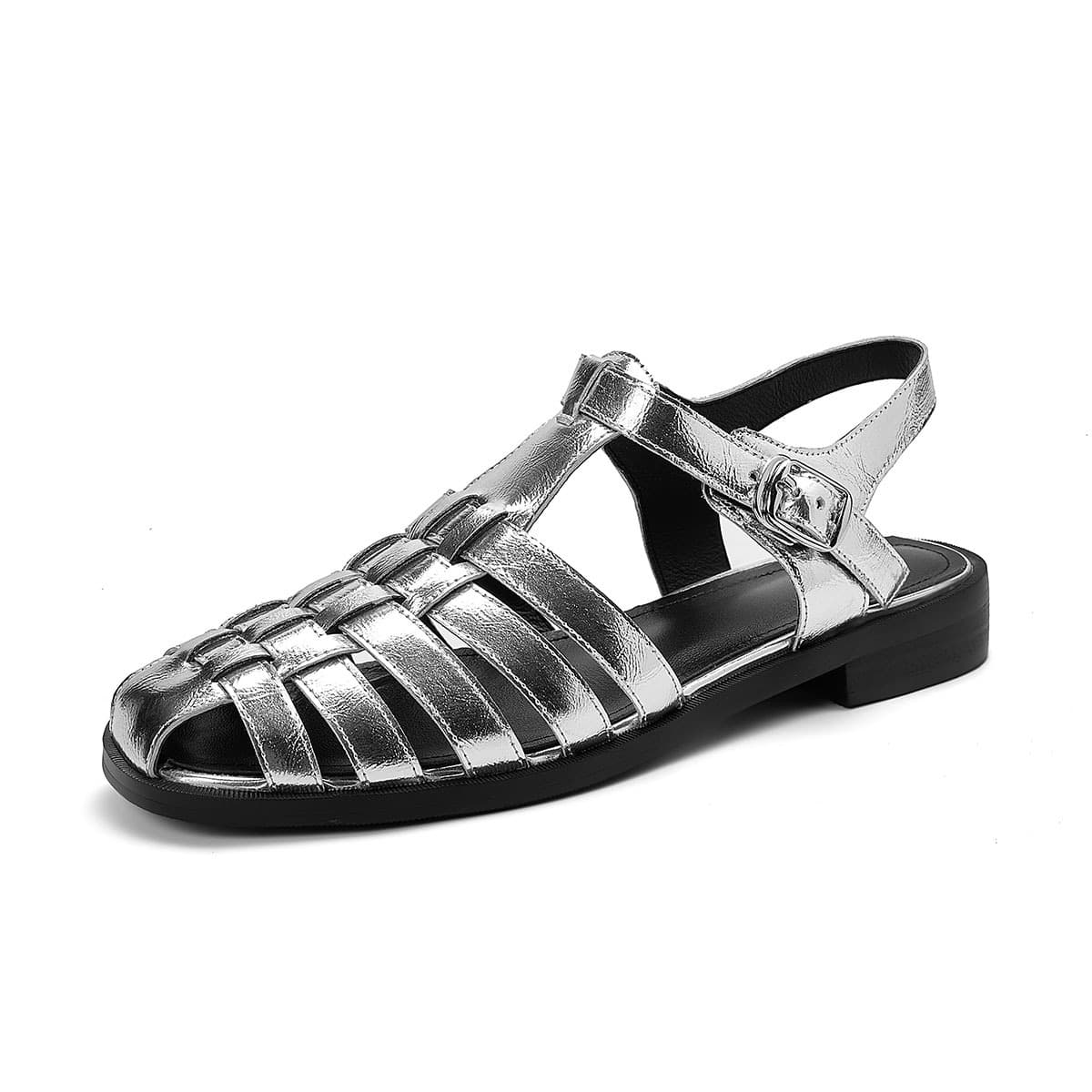 Silver Cowhide Woven Roman Sandals, Summer New Round Toe Low Heel T-strap Sandals, Comfortable Beach Sandals Plus Size