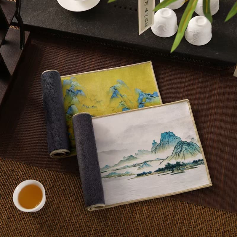 Suede tea towels, tea cloths, tea table towels, rags, luxury Chinese painted national trend ancient style absorbent pot-raising cloths, tea mats