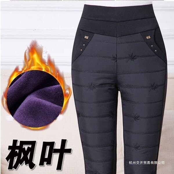 Women's Down Cotton Pants Winter Style Thickened Large Size High-Waist Fleece-Lined Base Warmth Mother Cotton Pants for Outdoor Wear