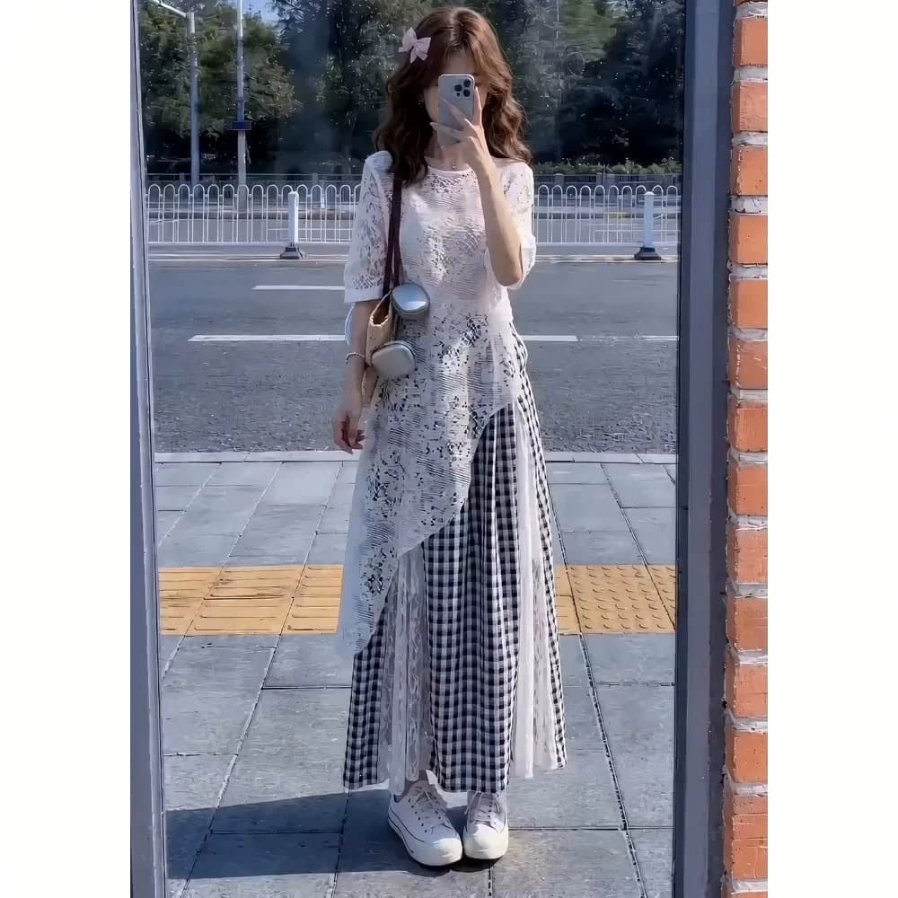 French high-end lace blouse plaid skirt suit fat plus size women's summer temperament slimming two-piece set