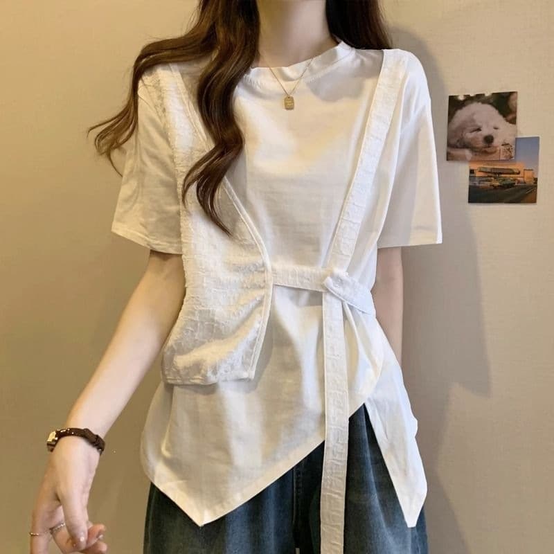 Plus Size Short Sleeve T-Shirt for Women 2025 Summer New Loose Fit Slimming Fat MM Irregular Fake Two-Piece Top Trendy