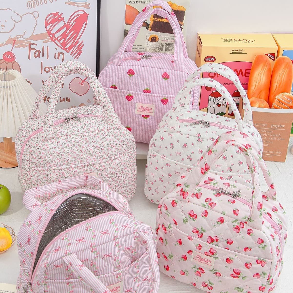 Small Floral Large Capacity Multi-Functional Insulated Lunch Bag, Pink, Cute, Commuter Handheld Storage Bag