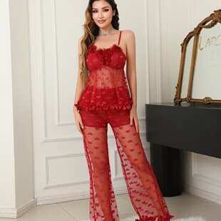 Cross-border Foreign Trade Sheer European and American Pants Set Sexy Sleepwear Lace Camisole Sheer Lingerie Homewear