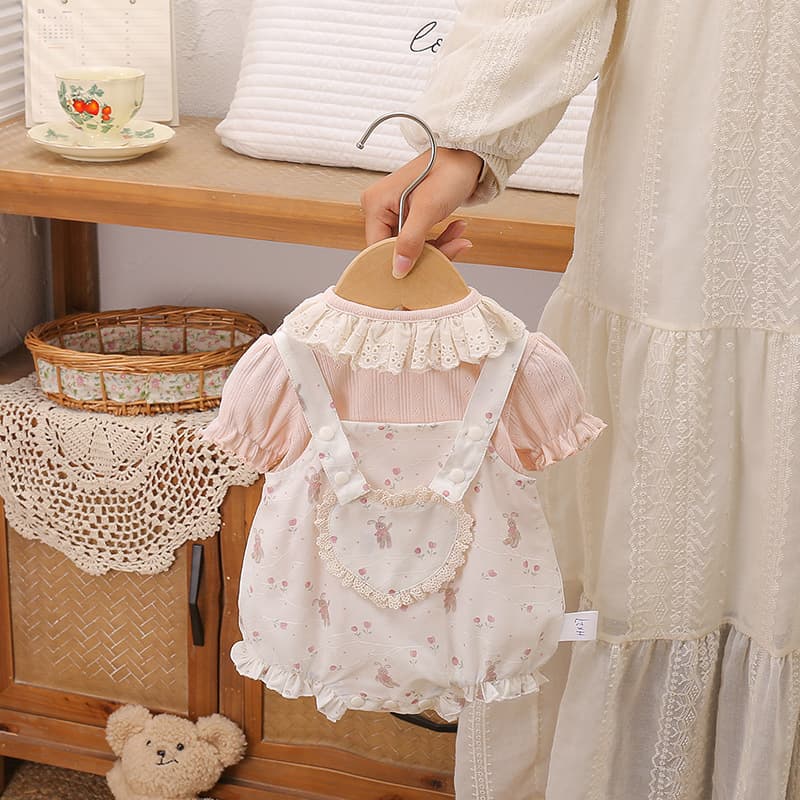 Summer Long-Ear Rabbit Set with Suspender Bloomers, Baby Girl Cool Pink Bodysuit, 2-Piece Outfit