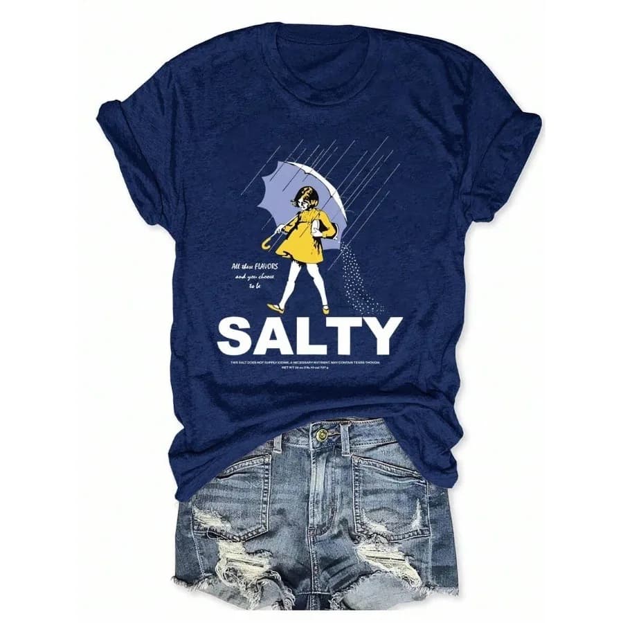 Emery Rose Plus Size Salty with Umbrella Graphic T-Shirt - Retro Style Summer Beach Wear for Women