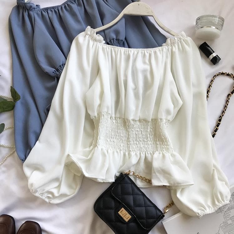 Wholesale One-Shoulder Off-Shoulder Chiffon Blouse Women Spring Autumn New Korean Style Long Sleeve Top Women Waist-Cinching Ruffle Hem Shirt Short