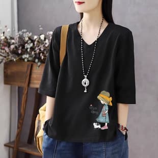 2025 Spring/Summer Printed V-Neck 3/4 Sleeve T-Shirt for Women, Fashionable Versatile Mid-Length Sleeve Scoop Neck Top