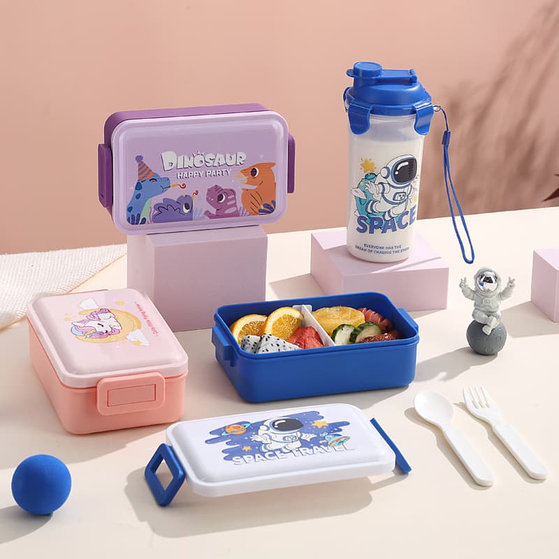 Student Cartoon Divided Lunch Box Children's Meal Box Portable Lunch Bento Box with Cup Set Single Layer Side Buckle Sealed Container