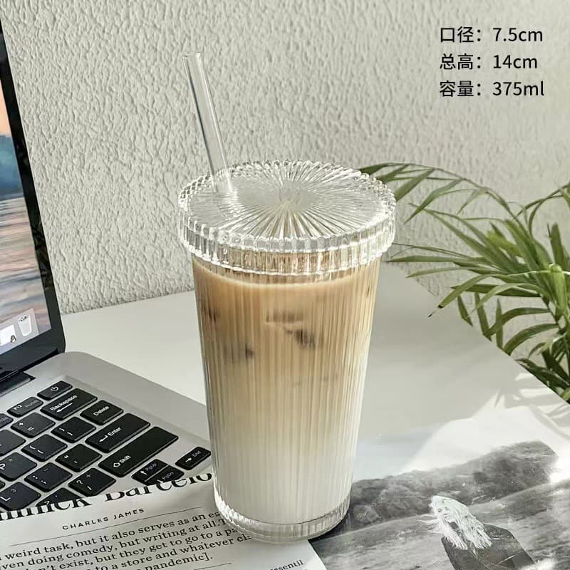Vertical Striped Glass Cup with Lid and Straw, Ins Style Home Milk Coffee Cup, Cold Drink Cup, Tea Cup