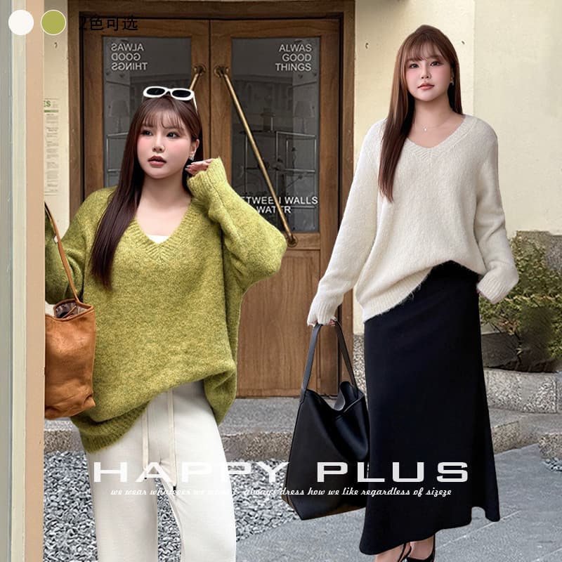 Alpaca Wool Loose Lazy V-Neck Colored Yarn Sweater Run Qi 9415 Plus Size Autumn/Winter Casual Barn Style Warm Knitwear