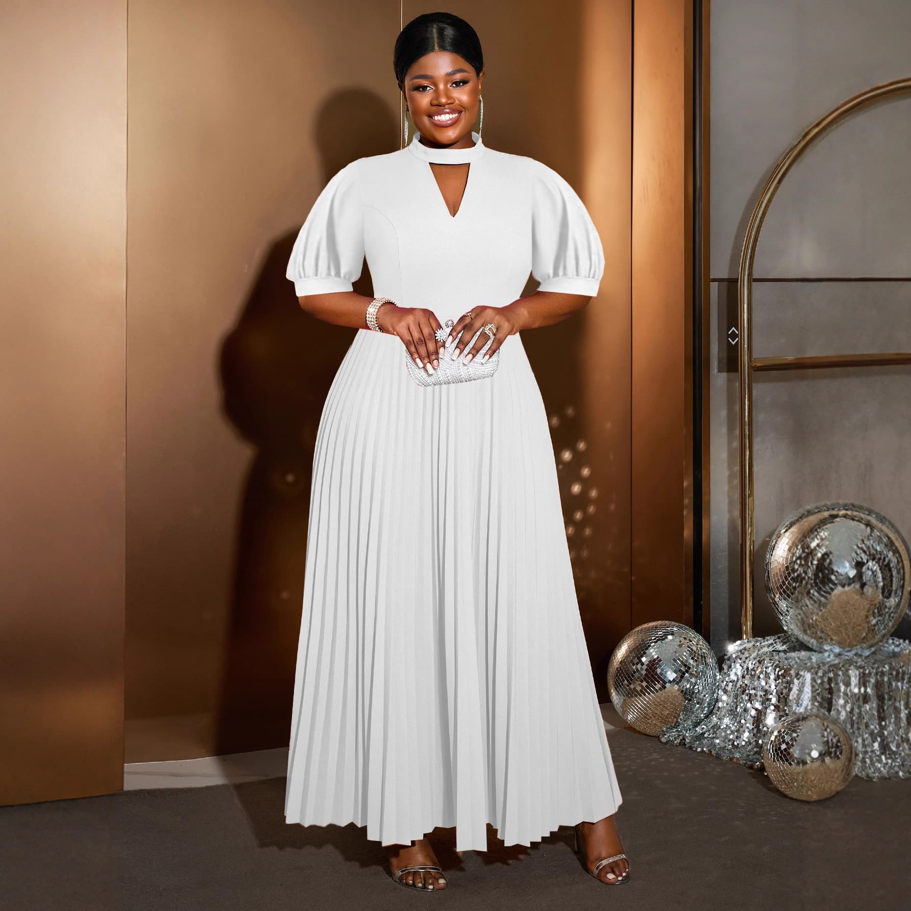 Plus Size Women's Half Turtleneck Hollow Bubble Short Sleeve Pleated Skirt Fashion Party Dress White Dresses