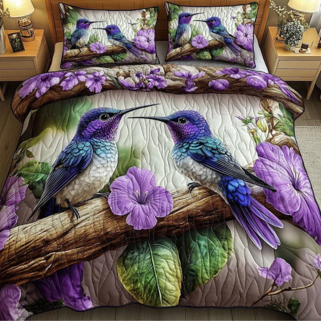 Cross-border 3-piece set purple flower bird pattern bed cover 3D digital printing quilted bedspread factory direct sales